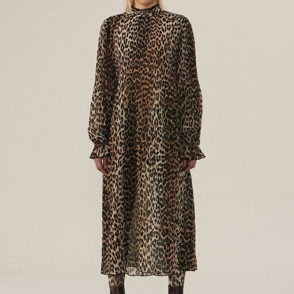 Ganni Pleated Georgette Maxi Dress in Leopard size EU 32 - Picture 1 of 10